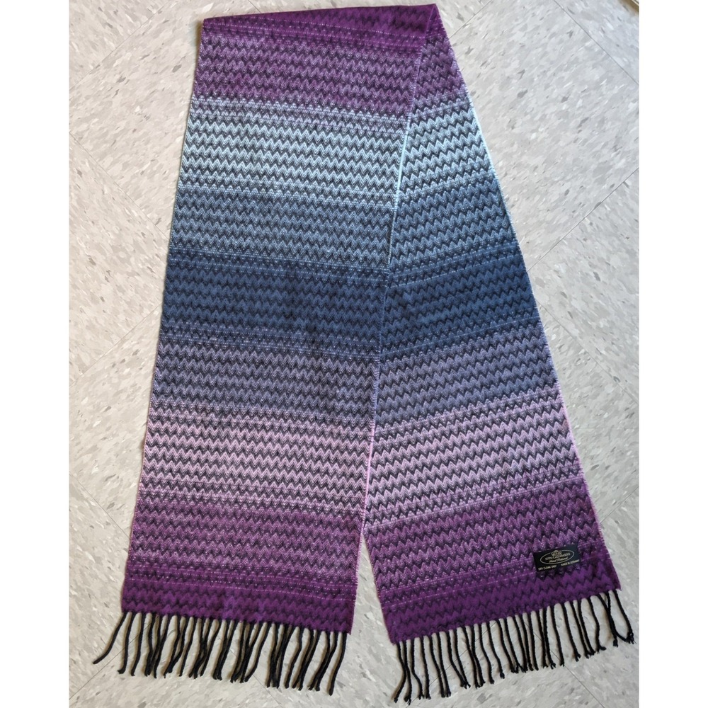 100% Cashmere Scarf Made in Germany Purple Blue Chevron Zigzag Fringe Ombre - Picture 4 of 6
